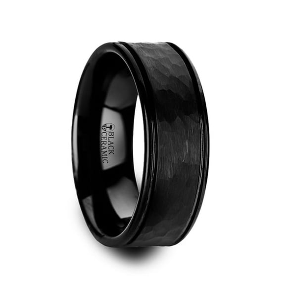 Revenant Hammered Finish Center Black Ceramic Wedding Band With Dual Offset Grooves And Polished Edges