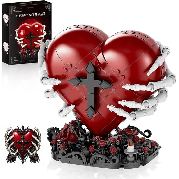 Revenant Sacred Heart Building Blocks Set - Gothic Red Heart Model, Dark Aesthetic Romantic Gift for Adults, Spooky Home Decor with Rose Base, 566Pcs