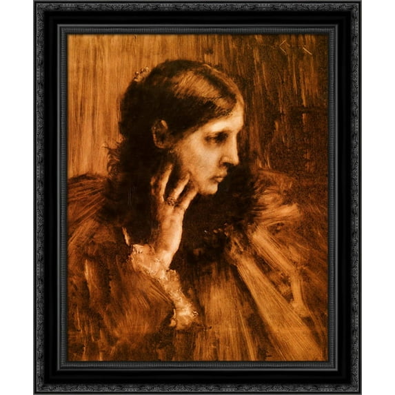 Reverie: A Portrait of a Woman 20x23 Black Ornate Wood Framed Canvas Art by Chase, William Merritt
