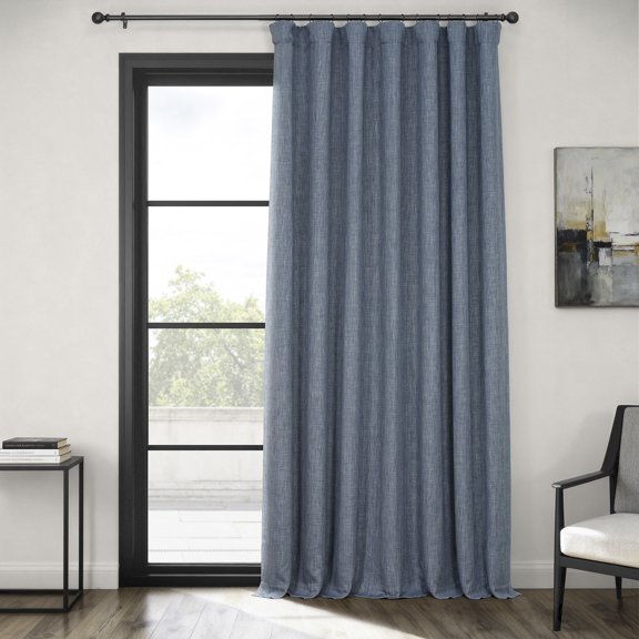 Reverie Blue Faux Linen Extra Wide Room Darkening Curtain (1 Panel), Reverie Blue, 100W X 84L