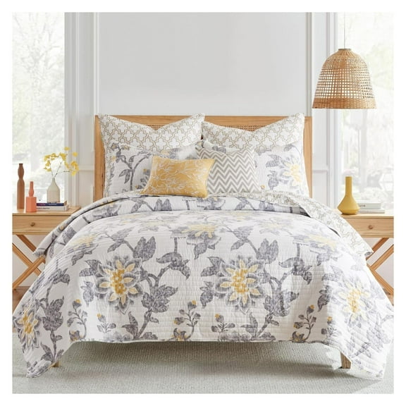 - Reverie Quilt Set - Full/Queen Quilt + Two Standard Pillow Shams - Floral - Yellow, Grey, and White - Quilt Size (88x92in.) and Pillow Sham Size (26x20in.) - Reversible - Cotton Fabric