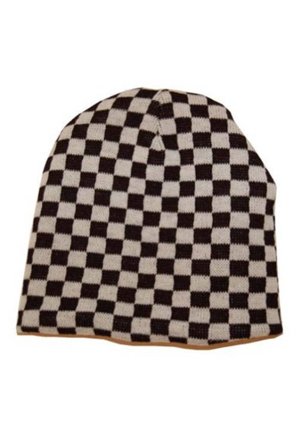 Reversable Black White Checker Beanie Cap - White