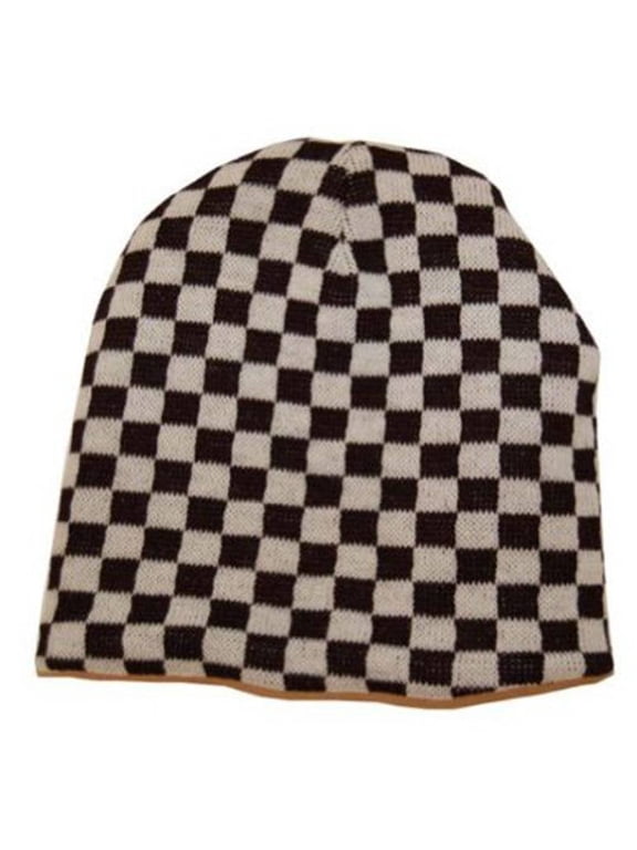 Reversable Black White Checker Beanie Cap - White