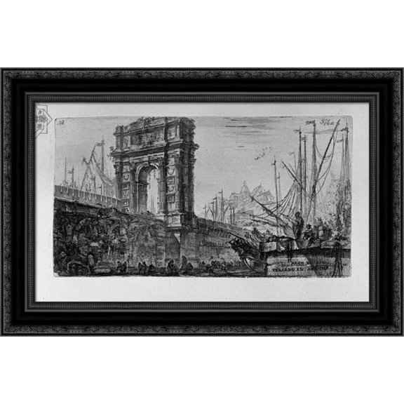 Reversal of the Temple of Pola in Istria, and other Temple 24x17 Black Ornate Wood Framed Canvas Art by Piranesi, Giovanni Battista