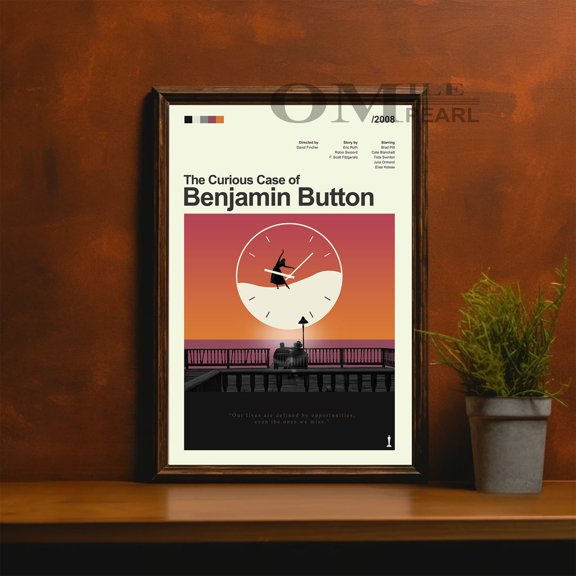 Reverse Aging Romance Benjamin Clock Minimalist Black and White Mid-Century Modern Wall Art, Unframed Canvas