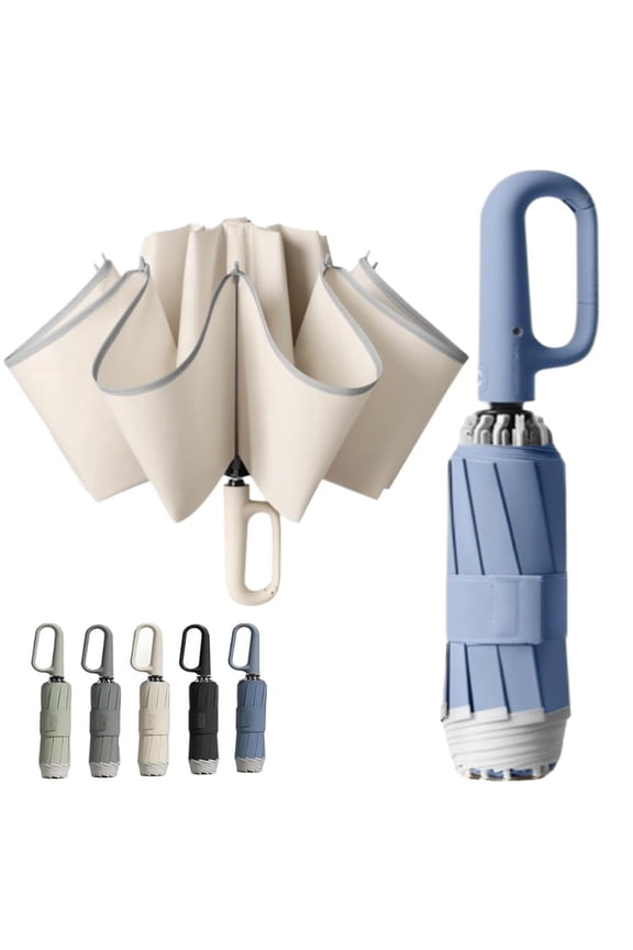 Reverse Automatic Folding Umbrella with Ring Buckle Handle, Reflective Safety Strip, Sturdy Windproof 10 Rib Compact Inverted Travel Umbrella