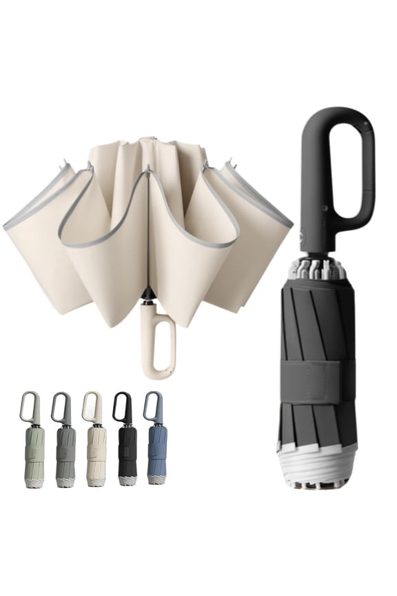 Reverse Automatic Folding Umbrella with Ring Buckle Handle, Reflective Safety Strip, Sturdy Windproof 10 Rib Compact Inverted Travel Umbrella