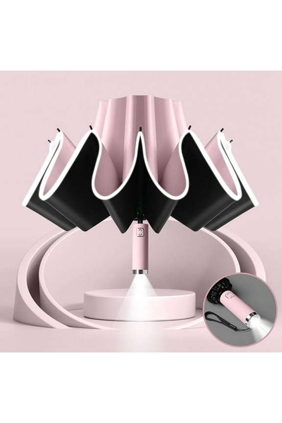 Reverse Folding Windproof Travel Umbrella with Reflective Stripes & Led Light | 10-Rib Fiberglass Construction | 41-Inch Diameter | Auto Open/Close | Compact Design for Adults