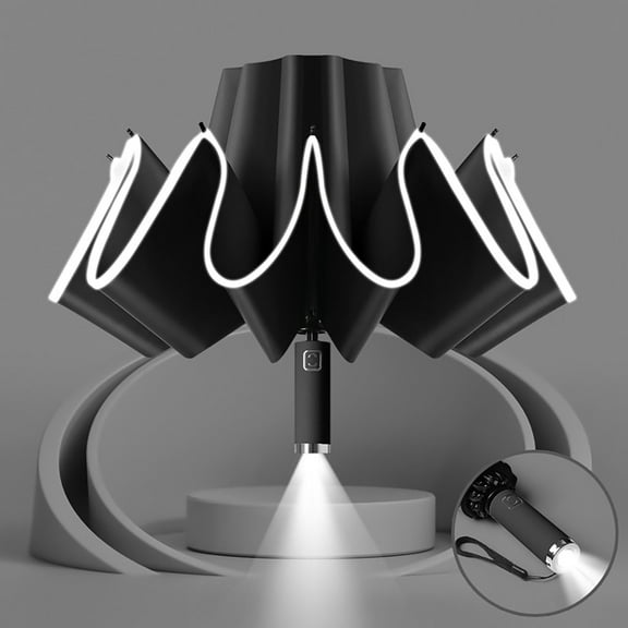 Reverse Folding Windproof Umbrella with Reflective Stripes & Led Light | 10-Rib Fully Automatic Compact Travel Umbrella | 41 Inch Diameter | Waterproof & Portable Design for Adults