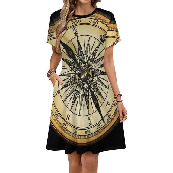 Reverse Pole Compass Dress Summer Street Style Dresses Female Short Sleeve Printed Sundress