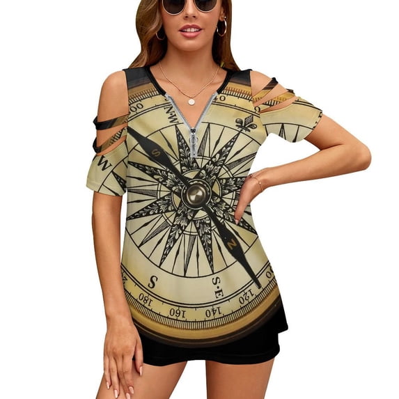 Reverse Pole Compass Womens Summer V Neck Zipper Top Short Sleeve T Shirt Off Shoulder Top Casual Classy Loose Shirts