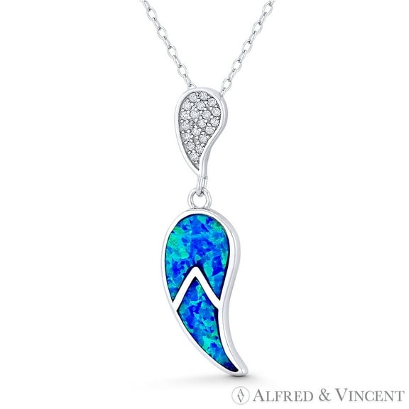 Reverse Teardrop Charm Created Opal & CZ Crystal 35x10mm (1.4x0.4in) Statement Pendant & Chain Necklace in .925 Sterling Silver w/ Rhodium