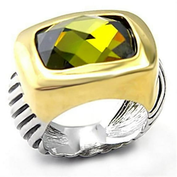 Reverse Two-Tone Brass Ring with AAA Grade CZ in Olivine color for Women Style 7X127