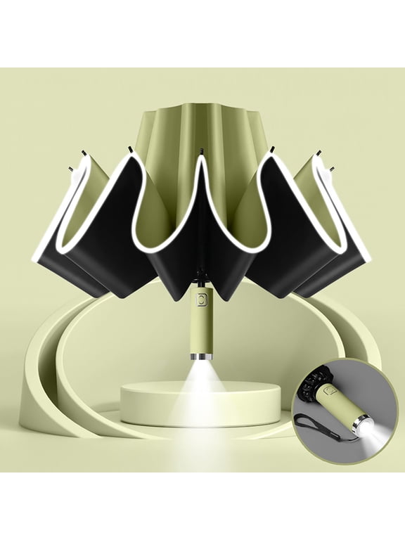 Reverse Umbrella under $5! Kadlawus Opposite Direction Folding Umbrella, Reflective Stripe Windproof Travel Umbrella, Fully Automatic Compact 10 Rib Umbrella, 41 Inch Diameter with LED Lights