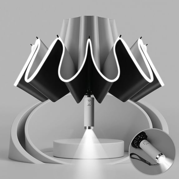 Reverse Umbrella under $5! Kadlawus Opposite Direction Folding Umbrella, Reflective Stripe Windproof Travel Umbrella, Fully Automatic Compact 10 Rib Umbrella, 41 Inch Diameter with LED Lights