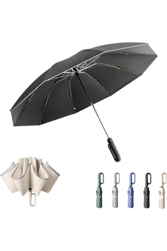 Reverse Umbrella – Windproof Automatic Folding Umbrella with Reflective Trim, UV Protection, Reinforced Fiberglass Ribs, Compact Travel Umbrella for Rain and Sun