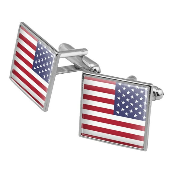 Reversed USA American Flag Red White Blue Military Square Cufflink Set - Silver or Gold