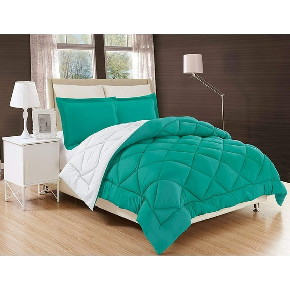 Reversible 3-Piece Comforter Set - HypoAllergenic, Diamond Stitched, Full/Queen, Turqouise/White