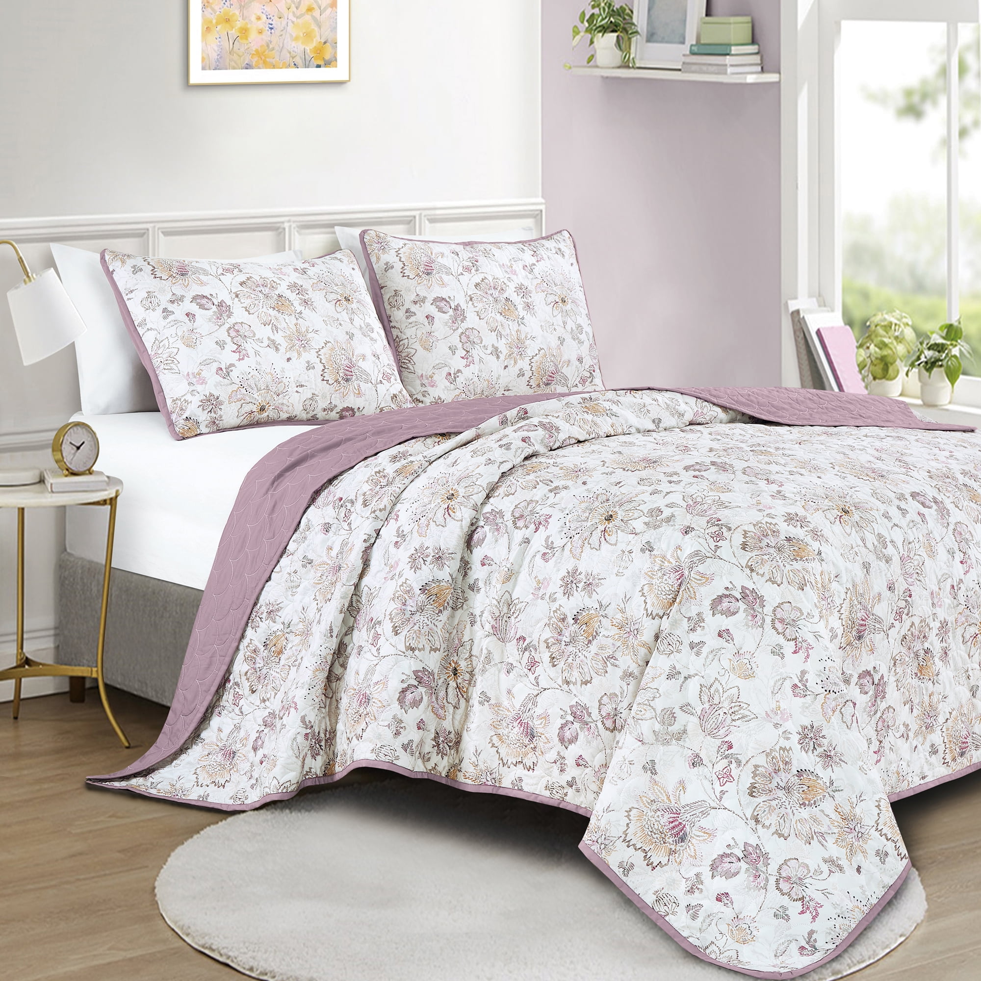 Reversible 3-Piece Floral Print Bedspread Set with Lavender Trim – Stylish Coverlet for King Beds