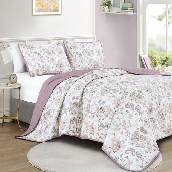 Reversible 3-Piece Floral Print Bedspread Set with Lavender Trim – Stylish Coverlet for Queen Beds