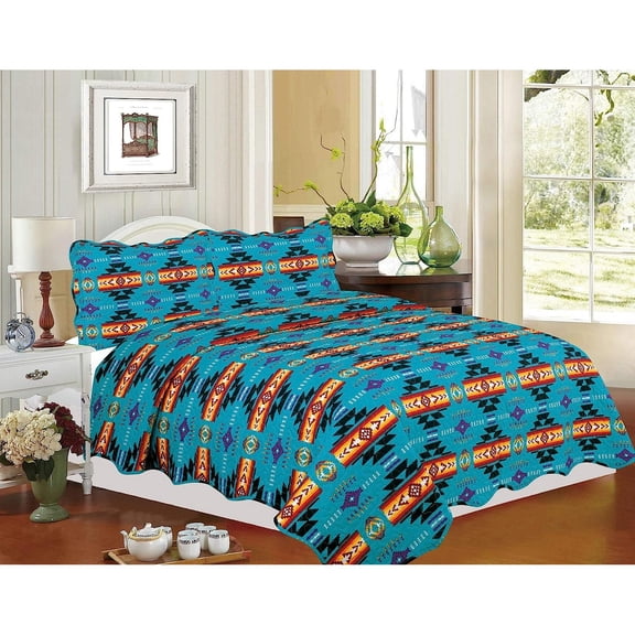 Reversible 3 Piece Quilt Set Queen Turquoise American Tribal Collection Microfiber Soft Coverlet Bedspread Set, Lightweight Bed Couch Cover Blanket (1 Quilt 2 Pillow Shams)