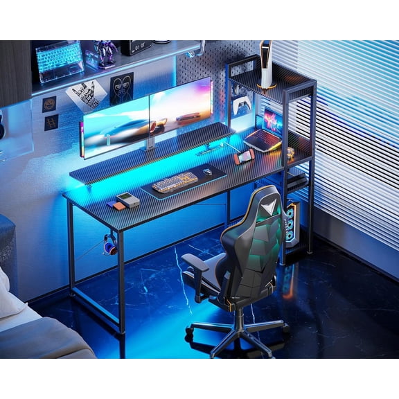 Reversible 55 Inch Gaming Desk with USB Charging Port and LED Lights, Computer Desk with Storage Shelves and Monitor Stand, Study Table for Home Office, Morden Desk for Bedroom, Carbon Fiber Black