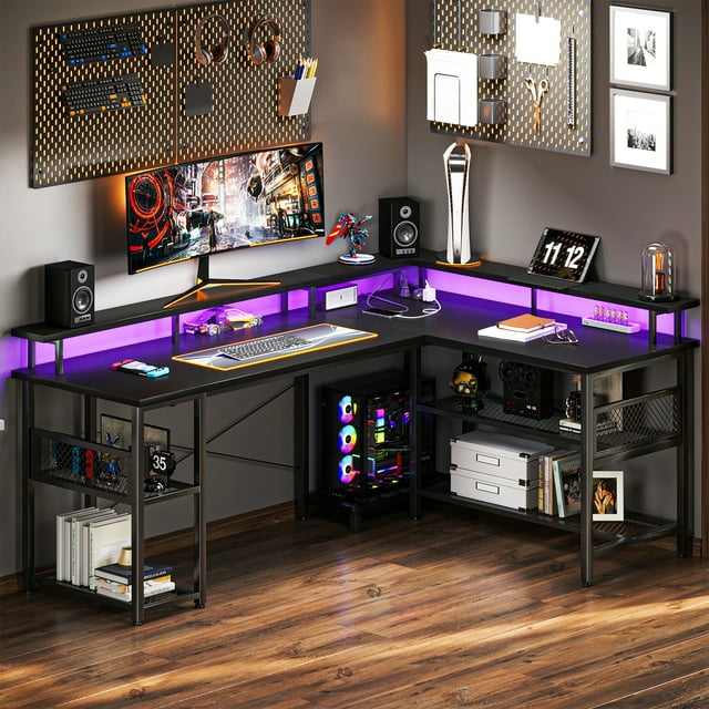 59'' L Shaped Reversible Desk with LED Lights & Outlet, Gaming Table ...