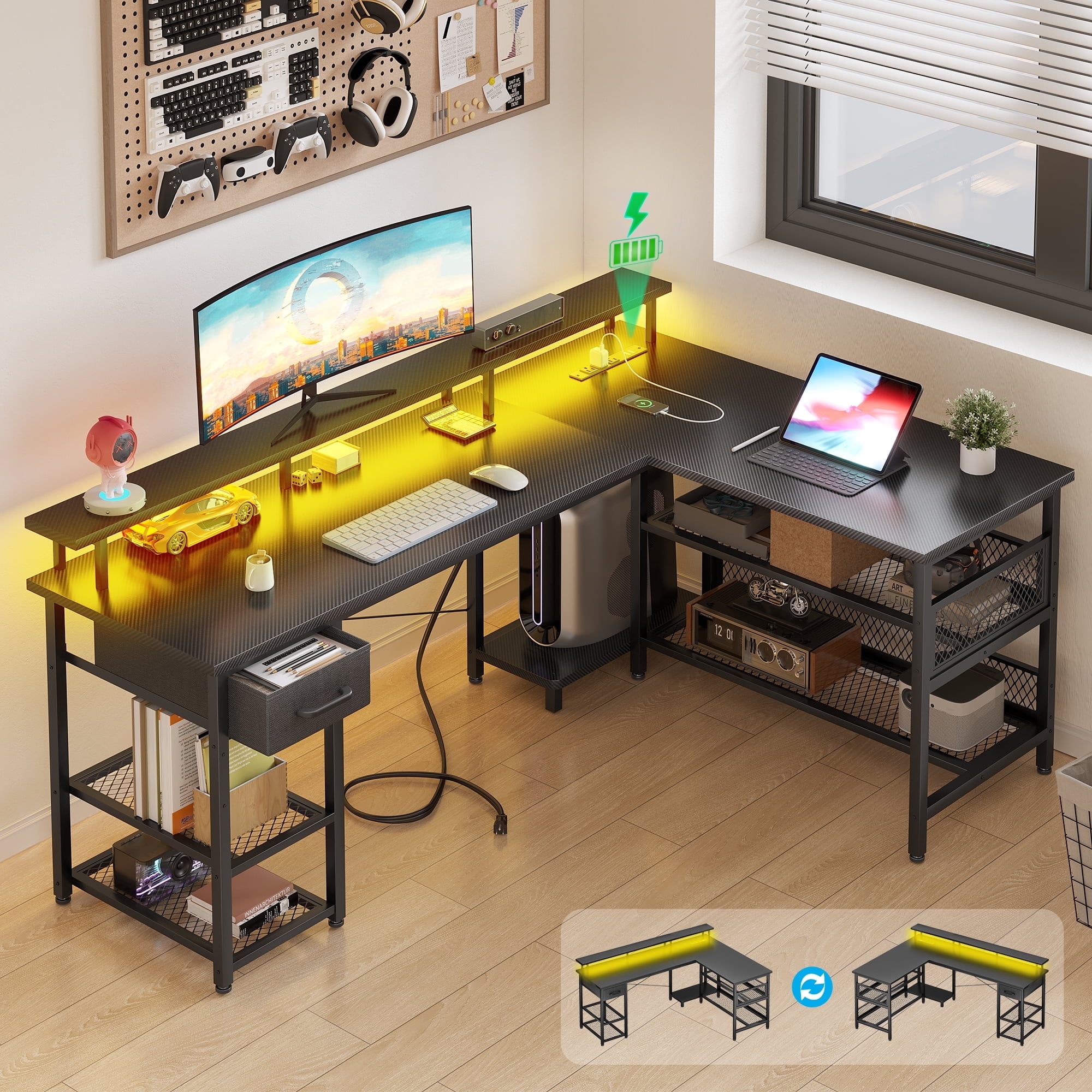 Walmart discount codes: Walmart Black Friday Deals 2025 Reversible 59 inch L Shaped Computer Desk with LED Lights & Power Outlet, Gaming Table with Monitor Stand & Storage Drawer, Corner Desk with Storage Shelves, Pure Black