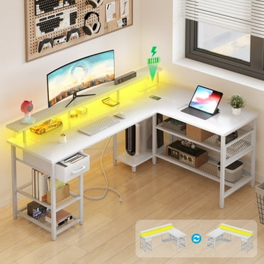 Reversible 59 inch L Shaped Computer Desk with LED Lights & Power Outlet, Gaming Table with Monitor Stand & Storage Drawer, Corner Desk with Storage Shelves, Pure White