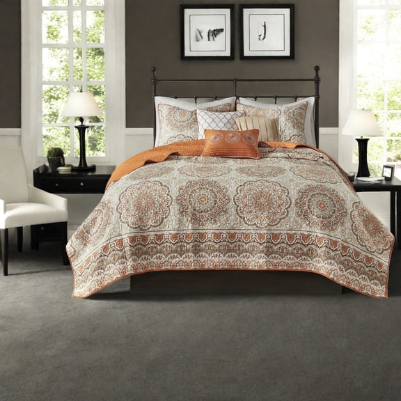 Reversible 6Piece Bedding Set Soft Polyester with Modern Orange Medallion Design Full/Queen Size for Bedroom Comfort