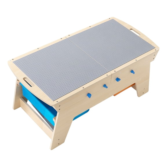 Reversible Activity Table with 200 Building Blocks, 3 Storage Bins&Large Play Space - Natural Wood Play Table for Boys&Girls Ages 3+