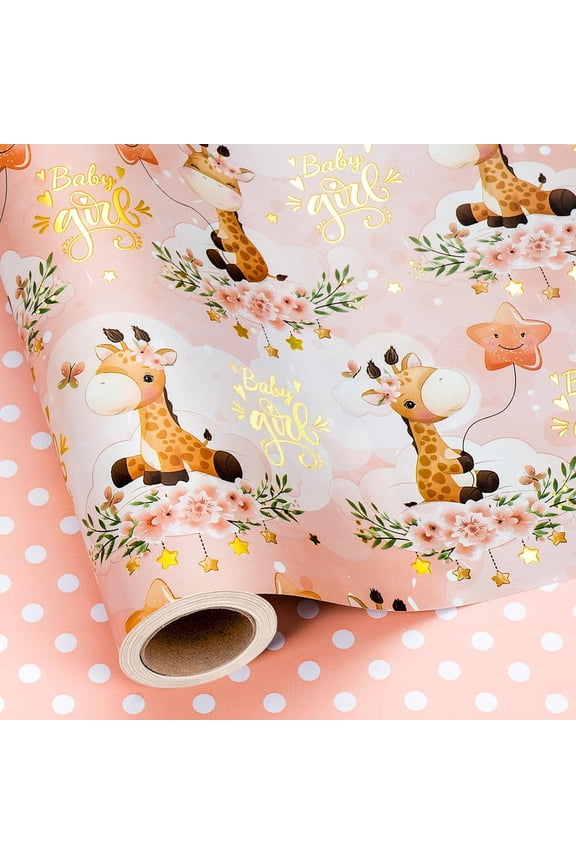 Reversible Baby Girl Wrapping Paper Roll, Little Girl Baby Shower Wrapping Paper, Metallic Foil Cute Giraffe Design Kid Newborn Gift Wrap for 1st Birthday, Children Party (17Inch x 16.5Feet)
