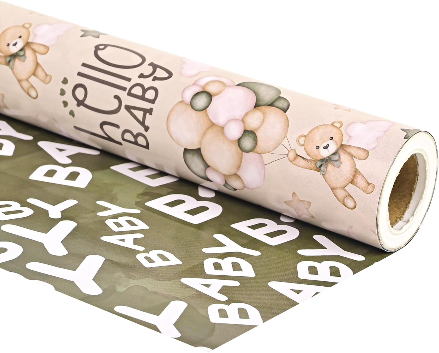 Reversible Baby Shower Wrapping Paper Roll Baby Gift Wrap with Green Brown Bear Balloons and Baby Words Pattern for Girls Boys Wedding Neutral Baby Shower Birthday Party - Total 28.5sq.ft