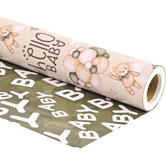 Reversible Baby Shower Wrapping Paper Roll Baby Gift Wrap with Green Brown Bear Balloons and Baby Words Pattern for Girls Boys Wedding Neutral Baby Shower Birthday Party - Total 28.5sq.ft