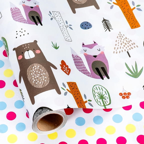 Reversible Baby Wrapping Paper Roll, Woodland Animal Wrapping Paper, Cute Bear, Fox, Owl, Hedgehog Theme Kids Birthday Gift Wrap for Baby Shower, Party Decor, Gender Reveal (17 In X 16.5 Ft)