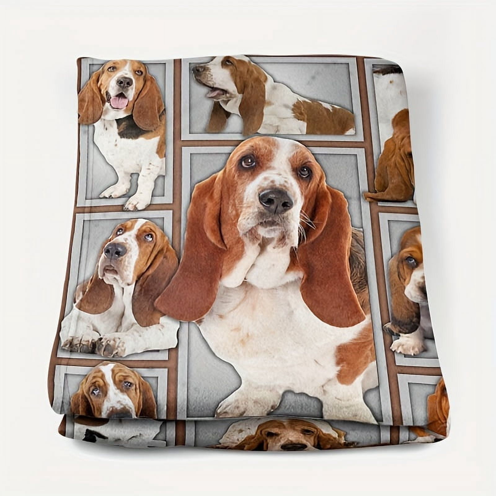 Reversible Basset Hound Flannel Throw Blanket - All-Season Cozy Knitted Blanket with Realistic Dog Print, 100% Polyester, Machine Washable, Red & White Design, Perfect for Home or Travel