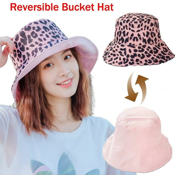 Reversible Beach Bucket Summer Hat Women Wide Brim UPF50  Travel Fisherman Sun UV Protection Leopard Print Packable Cap