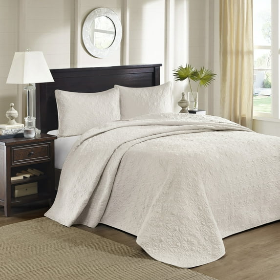 Reversible Bedspread Set Queen, Cream Oversized 3-Piece Cotton Blend Bedding – Anti-Microbial, Prewashed & Machine Washable