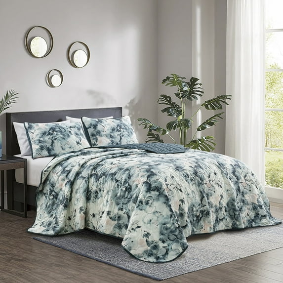 Reversible Bedspread Set – Watercolor Abstract Quilt with Shams - Lightweight Microfiber Bedding in Blue Gray (Rey, Queen)