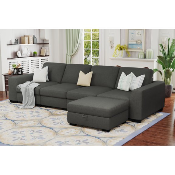 Reversible Beige L-Shaped Sectional Sofa, 130" with Storage Ottoman - Solid Wood Frame & Comfort Spring Cushions