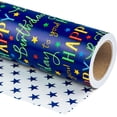 thumbnail image 1 of Reversible Birthday Wrapping Paper - Mini Roll - 17 Inch X 33 Feet - Blue Star Happy Birthday Wrapping Paper for Men, Adult, Boy, Baby Shower, Holiday, 1 of 4