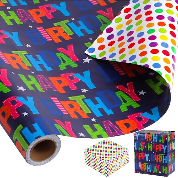 Reversible Birthday Wrapping Paper Roll 17 Inch x 23 Feet Happy Birthday Lettering Gift Wrapping Paper for Boys Girls Kids Party, Baby Shower, Holiday