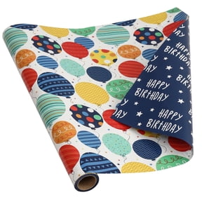 Reversible Birthday Wrapping Paper Roll for Kids Baby Shower Balloon and Happy Birthday Lettering Gift Wrap Paper, 17.7 in X 311 in