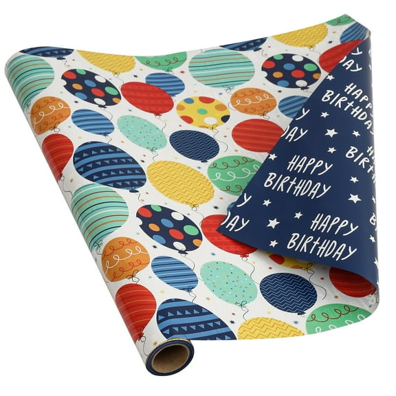 Reversible Birthday Wrapping Paper Roll for Boys Girls Kids Men Women Balloon Happy Birthday and Stars Gift Wrap Paper for Birthday Party Holiday