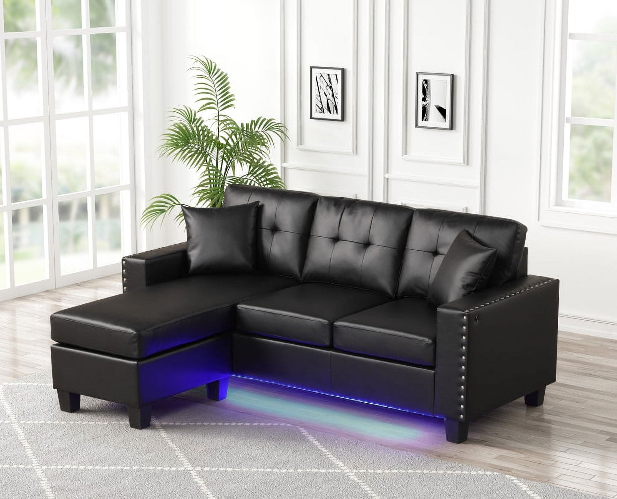 Reversible Black Faux Leather Sofa Chaise w/ LED Lights, USB Port Included Black PU Leather