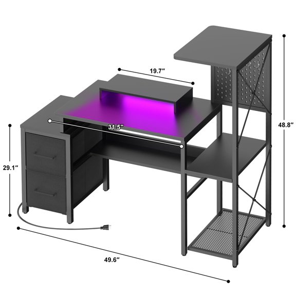 Reversible Black Gaming Desk with 2 Drawers, LED Lights, Power Outlet &