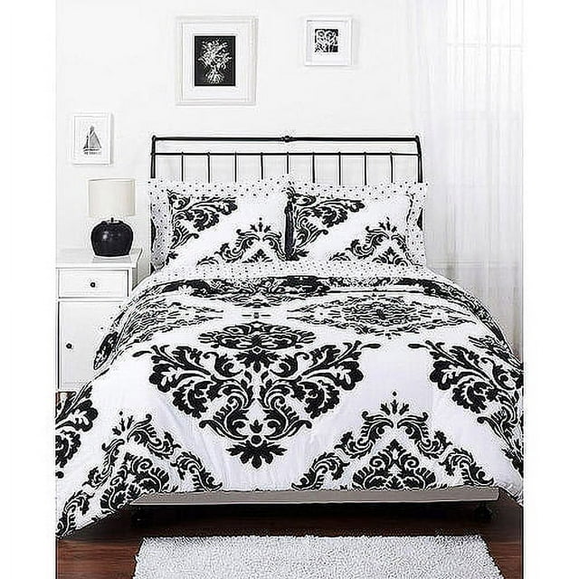 Reversible Black and White Classic Noir 3-Piece Comforter Set with Shams, Full