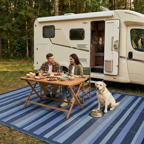 Reversible Blue Stripe Plastic Rug, Modern Area Rug, Large Outdoor Floor Mat for RV, Patio, Backyard, Deck, Picnic, Beach, Camping & Trailer