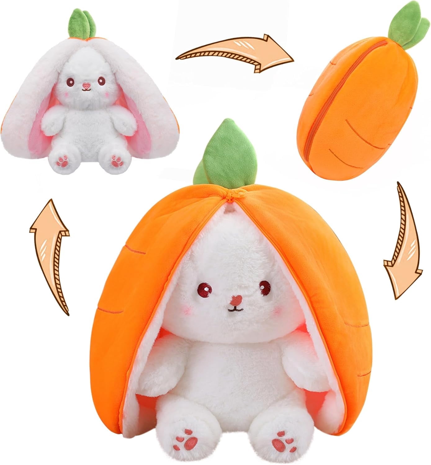 13.7 inch Easter Bunny Stuffed Animal, Kawaii Squishy Cute Easter Bunny Plush Turn Into Rabbit Fruit Doll Carrot Strawberry Pillow, Plushies Funny Bunny Toy for Baby