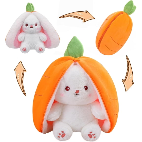 13.7 inch Easter Bunny Stuffed Animal, Kawaii Squishy Cute Easter Bunny Plush Turn Into Rabbit Fruit Doll Carrot Strawberry Pillow, Plushies Funny Bunny Toy for Baby